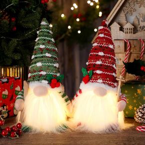 Wesiti 2 Pcs Lighted Xmas Gnomes Decorations Christmas Light up Plush Gnome Swedish Santa Gnomes Elf Doll Christmas Table Ornaments Red Green Glowing Xmas Gnomes for Home Decor, 10 Inch