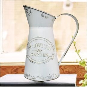 Decorative Flower Vase White Small Vintage Metal Jug Vase Pitcher Rustic Shabby Chic Vase Farmhouse Decor for Home, Living Room, Bedroom, Kitchen
