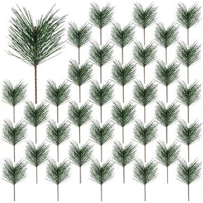 Artificial Green Pine Needles Branches, 50 PCS Small Pine Twigs Stems Picks, Fake Greenery Pine Picks for Christmas Garland, Wreath, Home Holiday Decoration (50, Green White)