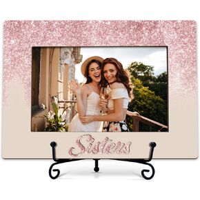 Sister Photo Frame Gifts, Long Distance Friendship Frames For Women, Pink Glitter Wooden Picture Frame With Stand, Birthday Graduation Christmas Gifts For Sisters Besties Friends -01