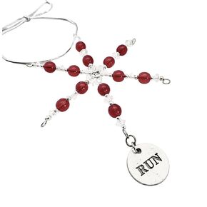 Run Round Ornament - Beaded Snowflake Christmas Ornament/Gift Tag with Round Pewter Run Pendant with Jewelry Box - Handmade with Red Vintage Beads