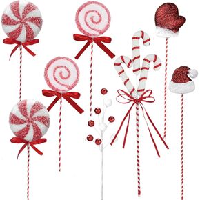 8 Pcs Christmas Candy Picks Set, Christmas Tree Decorations Picks Santa Hat Gloves Candy Cane Balls Peppermint Candy Picks Vase Filler Crafts & Tree Ornament Wreath Holiday Decorations （Red）