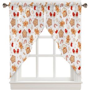 Christmas Swag Valance Curtains for Living Room, Gingerbread Man Snowflake on White Background Rod Pocket Small Window Topper Curtains Windows Curtain Tiers for Kitchen Bathroom Windows, 72" W x 36" L