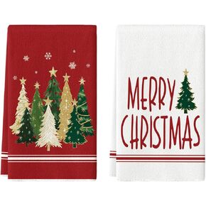 Artoid Mode Red Xmas Tree Merry Christmas Kitchen Towels Dish Towels, 18x26 Inch Farmhouse Star Holiday Winter Decoration Hand Towels Set of 2