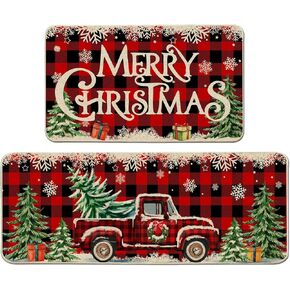 Christmas Kitchen Mats for Floor, Christmas Kitchen Rugs Set of 2 - Farmhouse Truck Red Buffalo Plaid Christmas Kitchen Decor - Christmas Decorations for Bathroom,Home,Indoor 17"x27+17"x47"