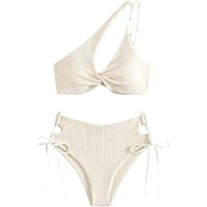 SHENHE Women's One Shoulder Cut Out 2 Piece Swimsuits Twist Front Tie Side Bikini Set