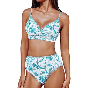 CUPSHE Women's Bikini Sets Two Piece Swimsuit High Waisted V Neck Back Hook Ribbed Adjustable Straps