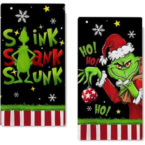 Seliem Christmas Kitchen Dish Towels Set of 2, Stink Stank Stunk Green Xmas Hand Towels Black Drying Baking Cooking Cloth, Red White Stripes HOHOHO Funny Holiday Home Kitchen Decor 18x26 Inch