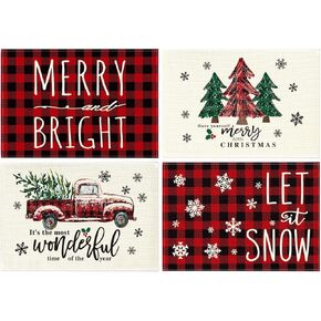 Artoid Mode Merry and Bright Buffalo Plaid Christmas Placemats for Dining Table, 12 x 18 Inch Seasonal Winter Watercolor Truck Xmas Tree Holiday Rustic Vintage Washable Table Mats Set of 4