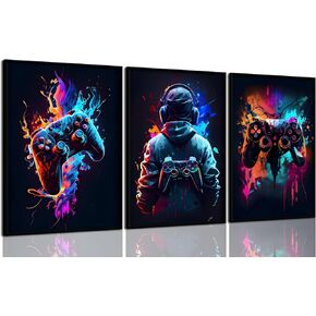 3Pcs Cool Gaming Wall Art Retro Video Game watercolor Posters Pictures Colorful Neon Gamepad Canvas Painting Prints for Boys Room Kids Game Room Accessories Bedroom Home Decoration Framed (Colorful,