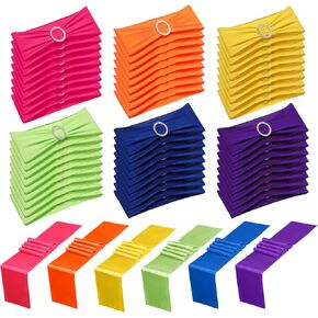 Newwiee 108 Pcs Assorted Color Spandex Chair Sashes and Satin Table Runners Mexican Stretch Chair Sashes Bands with Buckle for Wedding Fiesta Party Banquet Mardi Gras Decorations (Multicolor)
