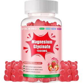 Magnesium Glycinate Gummies 1000mg - Sugar Free Magnesium Potassium Supplement with Vitamin D, B6, CoQ10 for Calm Mood & Sleep Support - 60 Strawberry Gummies