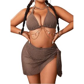 SHENHE Women's 3 Piece Plus Size Halter Ring Hollow Out Tie Back Bikini Set with Sarong Cover Up