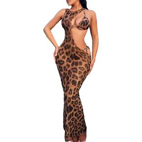 Women's 3 Piece Leopard Print Halter Tie Bikini Triangle Set with Beach Cover Up Dress High Cut Swimsuit Bathing Suit