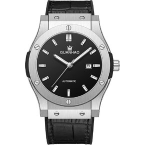 GUANHAO Men's Automatic Mechanical Waterproof Watch, 42mm Black Luminous Dial, 100 Meter Water Resistant, Luxury Fashion Business Casual Sport Designer Watch with Calendar Function, Rubber Strap.