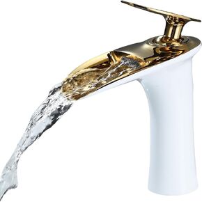 Leekayer Waterfall Bathroom Faucet 1 Hole Mount Hot Cold Basin Mixer Tap Single Lever Brass Faucet White Gold Finish Commercial Toilet Faucet,LK61106WG