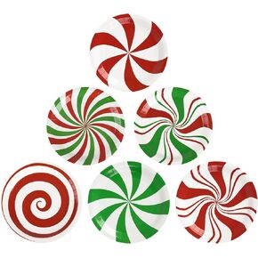 48Pcs Christmas Candy Paper Plates Peppermint Swirl Xmas Party Plates Red & Green Holiday Disposable Plates Striped Dinner Round Plates for Winter New Year Candy Party Supplies (48, 7Inch)