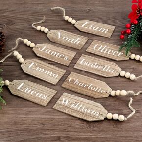 Pre-Strung Christmas Stocking Name Tags, Personalized Wooden Name Tags for Christmas Decorations, DIY Unfinished Wood Name Tag with Woodden Bead for Christmas Decor - 12 PCS (Wood)