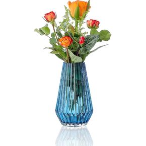 G Blue Glass Vase for Decor Flower, Fluted Glass vase Hand Blown Decorative Modern in Coffee Kitchen Room Office 5.2 Inch H
