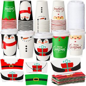 100 Pack 12 oz Christmas Disposable Coffee Cups with Lids Coffee Cup Sleeves Paper Coffee Cups Insulated Coffee Cups with Dome Lids and Sleeves for Christmas Hot Chocolate Party Supplies (Classic)