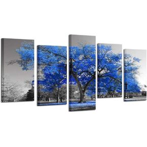 KREATIVE ARTS Canvas Print Wall Art Painting Contemporary Blue Tree In Black And White Style Fall Landscape Picture Modern Giclee Stretched And Framed Artwork (XLarge Size 80x40inch)