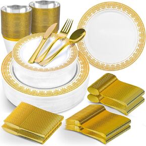 GINKGO 300 Pcs Gold Plastic Party Plates Set for 50 Guests, Perfect Disposable Dinnerware Set, High End Plastic Silverware for Thanksgiving, Friendsgiving and Christmas