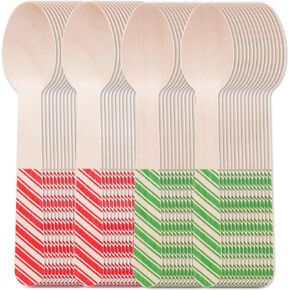 120Pcs Christmas Disposable Wooden Spoons Red Green Stripe Wooden Spoons Striped Tasting Spoons Christmas Candy Cane Striped Spoons for Ice Cream Cake Chocolate Coffee (Red and Green)