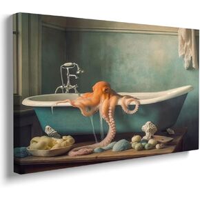 GUBIYU Octopus in The Bathtub Canvas Ocean Animal Prints Vintage Oil Painting Funny Bathroom Wall Art Octopus Wall Art Animal in Bathtub Artwork Pictures Whimsy Animal Art Dark Humor Posters 12"x16"