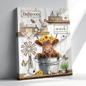 Farmhouse Highland Cow Wall Art Rustic Sunflower Butterfly Cow Pictures Wall Decor Western Country Animal Cattle Canvas Print Framed Artwork Farm Cow Painting for Bathroom Bedroom Living Room 12"x16"