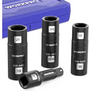WORKPRO 5PCS Impact Socket Set 1/2" Drive, Lug Nut Socket Set, Wheel Socket Set Cr-Mo Steel, Includes 1PC 3" Extension Bar & 4PSC Flip Sockets of 6 Metric and SAE Sizes