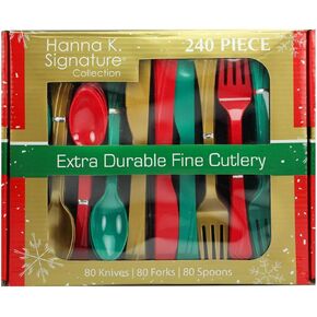 Plastic Silverware Heavyweight Combo, Disposable Flatware Red/Green/Gold Cutlery 240 pieces 80 of each Forks, Knives, Spoons