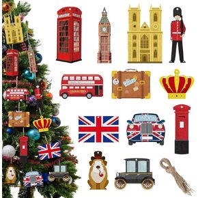 24 Pcs London Christmas Ornament Wooden British Travel London Souvenir Christmas Decorations England British Ornaments for Christmas Tree United Kingdom London Tower Big Ben Ornaments