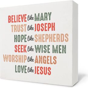 Christian Christmas Wooden Sign, Believe Like Mary Christmas Inspirational Wooden Box Sign, Retro Christmas Decorations for Home Office Desk Table Tabletop Shelf Decor, 5x5 Inch