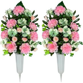 Artificial Cemetery Flowers, Bulbous Chrysanthemum Flowers Greenery Bouquet for Grave Decoration, Set of 2 Spring Memorial Flowers with Vase (Red)