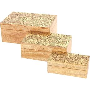 Deco 79 Mango Wood Scroll Handmade Decorative Box Storage Decorative Keepsake Box with Gold Accents, Set of 3 Storage Box 11", 9", 7"W, Brown