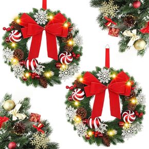 Giegxin 2 Pcs Christmas Lighted Wreath with Pinecones Red Berries Snowflake Decor and Large Red Bowknot Christmas Outdoor Wreath with LED Warm Lights for Xmas Winter Holidays Decoration (Delicate)