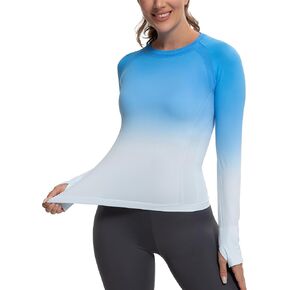 MathCat Long Sleeve Workout Tops for Women, Gradient Running Athletic Shirts, Seamless Breathable Tops with Thumb Holes