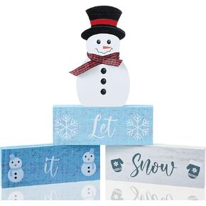 4 Pieces Winter Wood Blocks, Snowman Wood Decoration Let It Snow Wood Signs Rustic Winter Decor for Tiered Tray Mantel Decor Home Decor (Snowman)