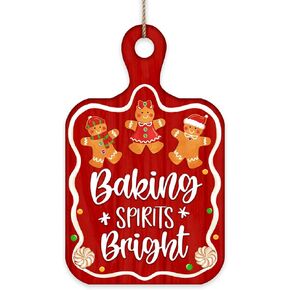 Christmas Baking Spirits Bright Front Door Sign, Xmas Gingerbread Man Cutting Board Wood Door Hanger Outdoor Porch Decor, Winter Holiday Wooden Wreath Indoor Kitchen Wall Hanging Decoration