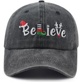 Christmas Believe Hat for Men Women, Funny Adjustable Cotton Embroidered Merry Xmas Santa Holiday Baseball Cap