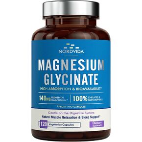 Magnesium Glycinate, 140 mg Elemental Magnesium Per Serving, Non Buffered, Max Absorption, Muscle Function, Nerve Health & Relaxation Support, 120 Vegetarian Caps