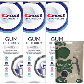 Crest Pro-Health Gum Detoxify Ultra Toothpaste with Gentle Whitening 4.7 oz (Pack of 4) Bundle with Vallary Floss Picks (50ct)