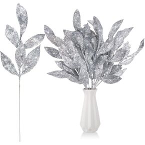 Riceshoot 48 Pcs Christmas Decoration Artificial Leaves with Stems 12.7'' Glitter Decor for Vase Pray Branch Picks Home Kitchen Table Xmas Tree Ornament (White)
