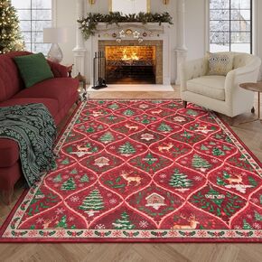 Lahome Christmas Living Room Rug, 5x7 Print Christmas Reindeer Rugs for Bedroom Aesthetic Large Washable Area Rug, Soft Christmas Tree Area Rug Stain Resistance Dining Room Rugs for Under Table (Red)