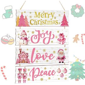Geelin 4 Pieces Christmas Wood Hanging Signs Christmas Tree Wooden Irregular Decor Xmas Joy Peace Wood Square Hanging Sign for Indoor Outdoor Christmas Party Hanging Decoration(Classic Style)