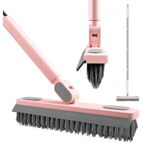 Floor Scrub Brush with Long Handle 58'’ Telescopic Handle 2 in 1 Scrape Brush, V-Shaped Corner Stiff Bristle Floor Scrubber with Squeegee for Cleaning Shower Bathroom Garage Kitchen Wall Tub Deck Tile