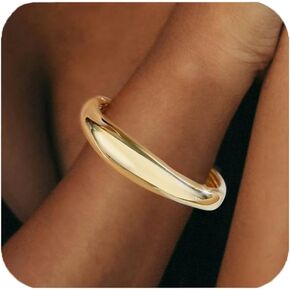 Gold Bangles Bracelets for Women Chunky Gold Cuff Bracelet Set 2PCS Trendy Bracelet for Women Irregular Cuff Hinged Wide 14K Gold Plated Bracelet