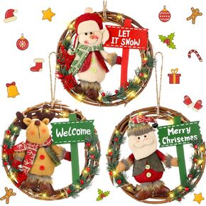 3 Pcs Lighted Christmas Wreath Decoration Grapevine Wreath with Hat Bow Holding Sign Red Berries Pine Cone Vine for Xmas Front Door Home Garden Wall Decor, Batteries Not Included (Santa Claus)