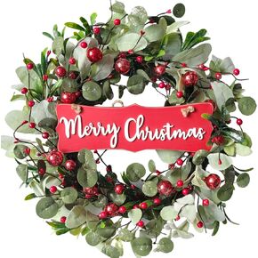 idyllic 22 Inch Artificial Christmas Wreaths for Front Door, Winter Spring Decoration Wreath with Red Berry Lamb Leaves, Evergreen Natural Wreath for Indoor Outdoor Farmhouse Festival Home Decor