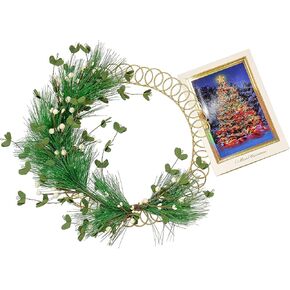 Red Co. 13.5" Decorative Golden Metal Spiral Christmas Card Holder Wreath with Evergreen Pine and White Berries